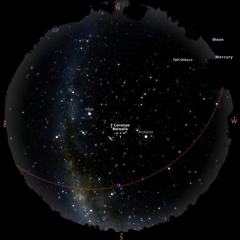 The attached image from Stellarium-web.org shows the expected sky at 10:00 p.m. on Saturday night, July 6th, as seen from Chamberlin Observatory. Almost directly overhead is the constellation Coronae Borealis. The symbiotic star T Coronae Borealis is just slightly southeast of that, and it is expected to experience a nova event within the next few days or months.
